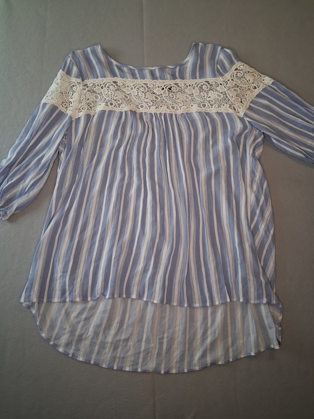 Torrid Blue & White Striped Lace Blouse Size 00 Plus 3/4 Sleeve Peasant Cottagec - Picture 7 of 9